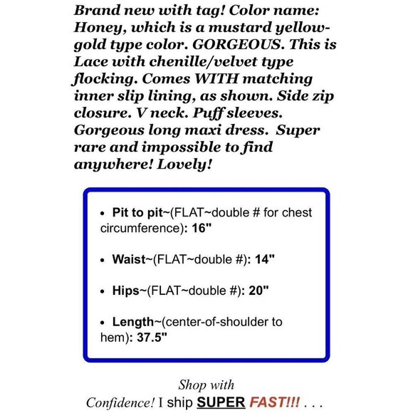 Shabby Chic Sz XS Mustard Yellow Gold Chenille Velvet Lace Maxi Dress NWT NEW - Picture 16 of 16